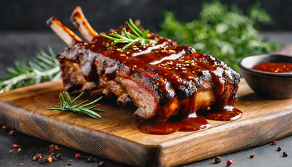 Barbeque sauce on smoked ribs, on a wooden board.