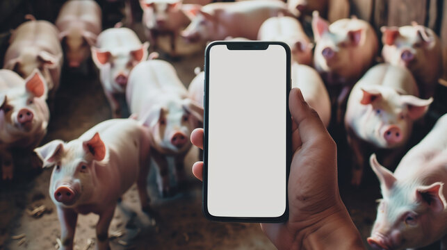 mockup phone copy space in hand with pig farm piglets background. Veterinary program