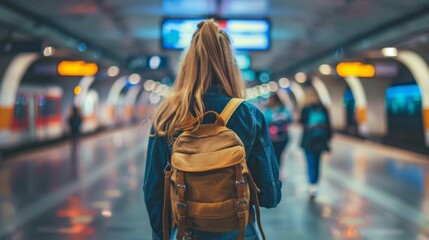 A woman wearing a backpack is walking through a subway station