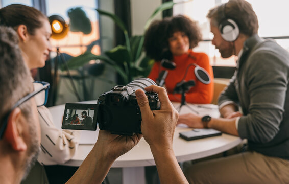 Photography session in a modern podcast studio