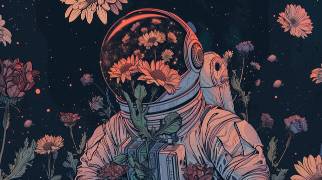 Surreal illustration of spaceman with flowers, 3d illustration, cosmos