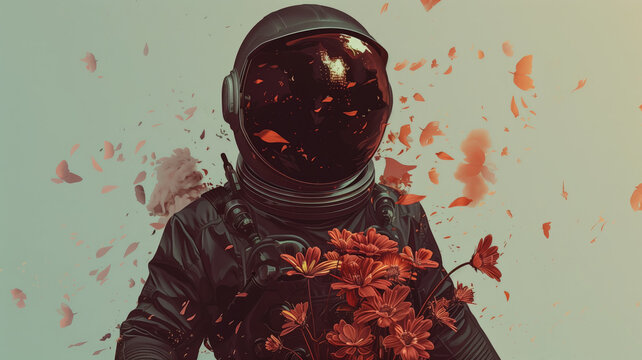 Surreal illustration of spaceman with flowers, 3d illustration, cosmos