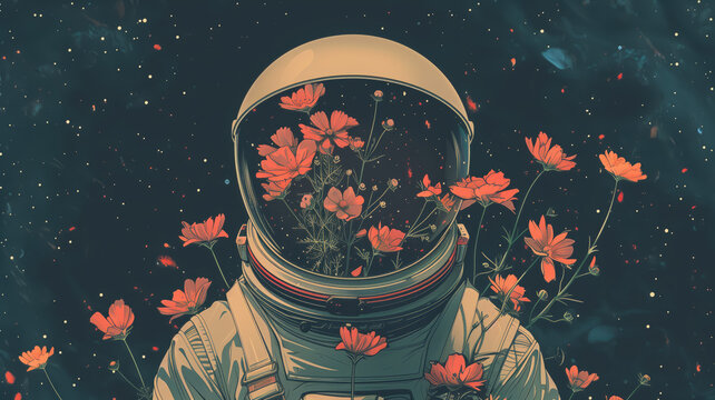 Surreal illustration of spaceman with flowers, 3d illustration, cosmos