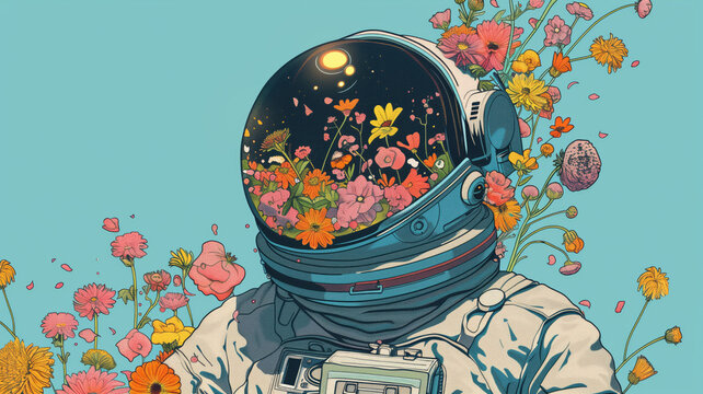 Surreal illustration of spaceman with flowers, 3d illustration, cosmos