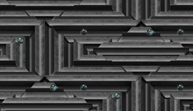 Tiles with blue glass spheres and black stripes.