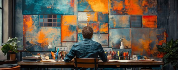 Man analyzing abstract art in a workspace