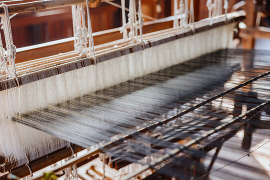 Warp Threads on a Wood Weaving Loom