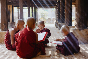 Monks studying under wooden structure