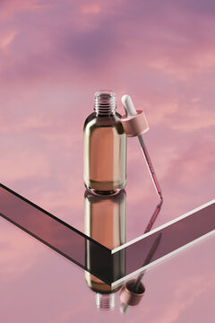 Cosmetic beauty face serum bottle and dropper on mirror