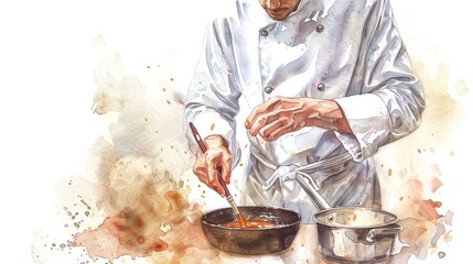 A chef is cooking in a kitchen.