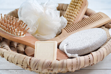 Bathhouse Sets in a Wicker Basket. Hair Brush, Natural Soap, Washcloth, Hair Comb, Holystone. Various Eco Friendly Items from Bath for Face and Body Care