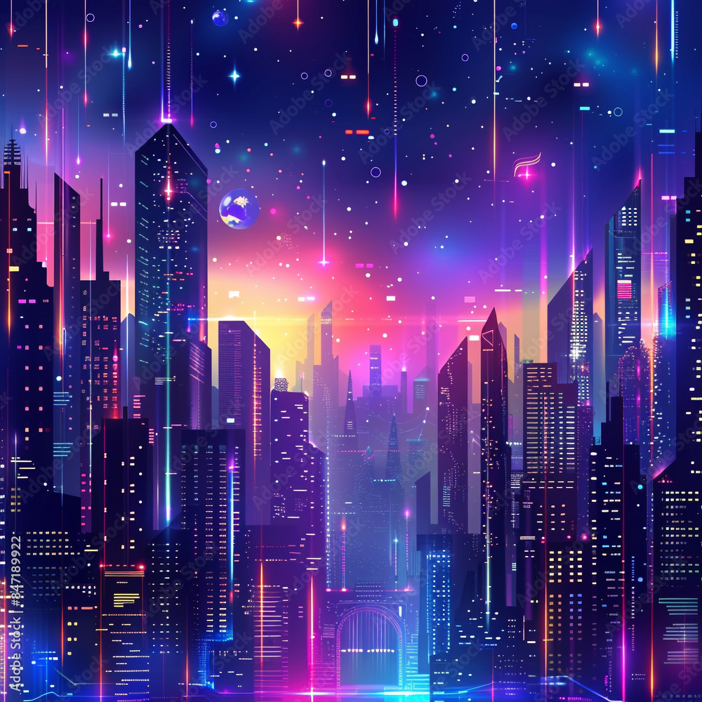 Wall mural Vector illustration urban architecture, cityscape with space and neon light effect. Modern hi-tech, science, futuristic technology concept.  - Wall murals