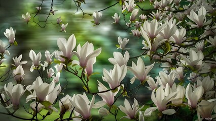 Mysterious spring floral background with blooming white magnolia flowers