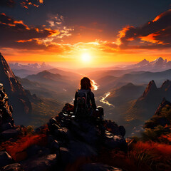 Fototapeta premium A girl sitting on the a mountain watching the sun setting behind the mountains