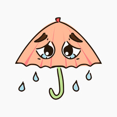 hand draw cartoon of umbrella with sad expression isolated on white