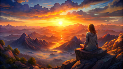 Fototapeta premium A girl sitting on the a mountain watching the sun setting behind the mountains