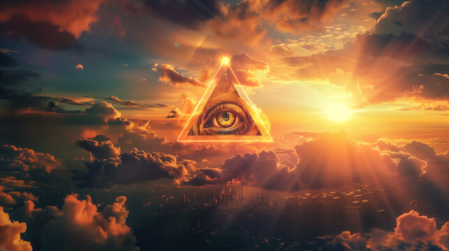Eye of Providence All-Seeing Eye of God Pyramid in a Golden Sunset Sky Illuminati Masonic symbol Conspiracy Theory