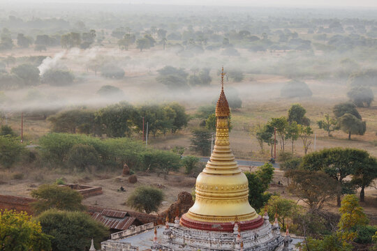 Golden Stupa Amidst Morning Mist in Bagan