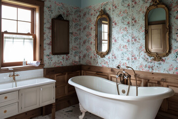 A bathroom with a vintage feel, featuring a clawfoot tub, antique mirrors, and floral wallpaper.