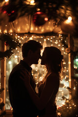 Young couple embracing under christmas lights celebrating new year's eve
