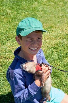 Young boy with pet ferret at carnival