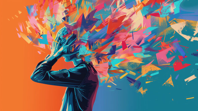 Tech frustration stress burnout and information overload; too much and too many mental health problems of living in the modern world, colorful illustration style (generative AI, AI)