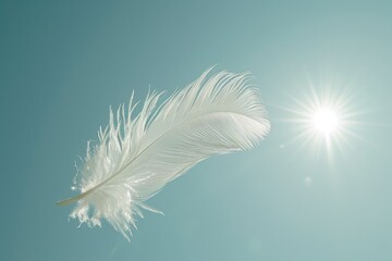White Feather Floating Against Clear Blue Sky with Bright Sunlight