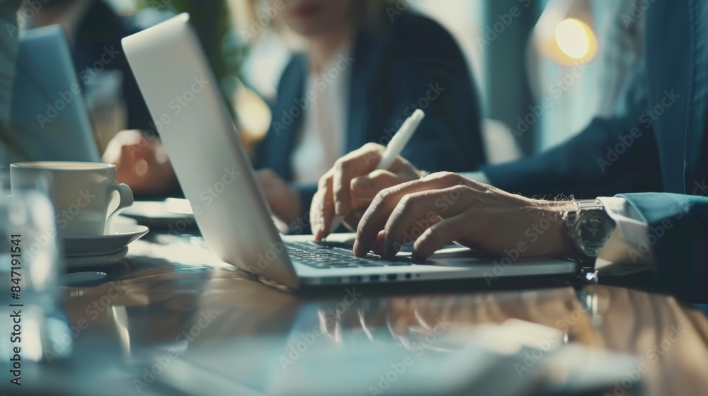 Canvas Prints A person sitting at a table with a laptop and a pen