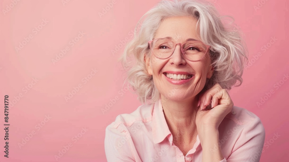 Wall mural A woman with glasses and a pink shirt smiling