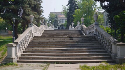 a large stone staircase with white railings leading to the palace entrance, featuring wide gray marble steps for an imposing entrance.