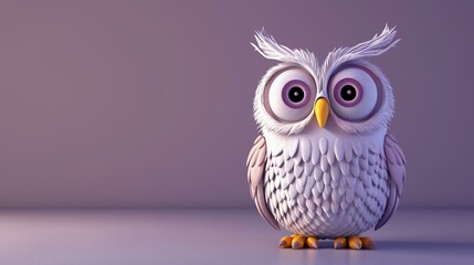 Adorable cartoon owl with large eyes, white feathers, and a curious expression against a soft...
