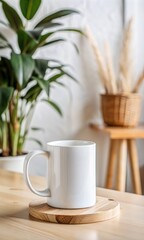 White mug on a wooden table against the background of a modern interior and plants