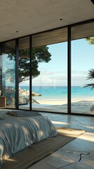 Fototapeta premium A bedroom with a view of the ocean
