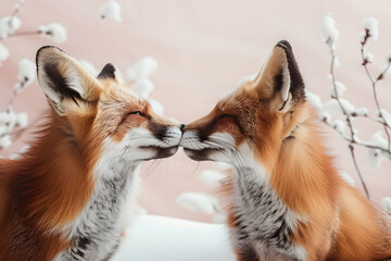 Two foxes touching noses, a romantic and affectionate photo of a fox couple in a snowy winter backdrop, suitable for love and Valentine's Day themes, banners, and posters, with copy space