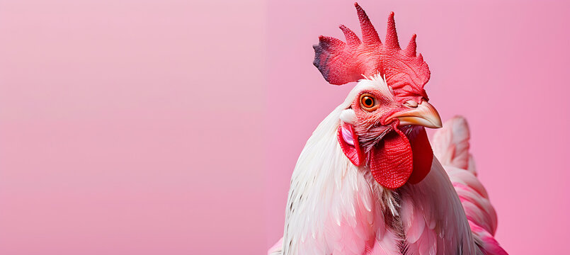 close-up shot of a stylish chicken against a vibrant pastel pink background, ideal for fashion, branding, or creative advertising, with copy space