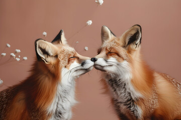 Two foxes touching noses, photo of a fox couple cuddling on a studio background with copy space for text, concept of love, Valentine's Day design use, with copy space