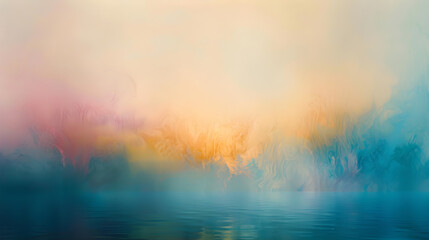 An ethereal landscape of floating, fading mists in soft tones creating a serene, mesmerizing scene. Ideal for peaceful, calming backgrounds, contemporary art pieces and nature designs with copy space