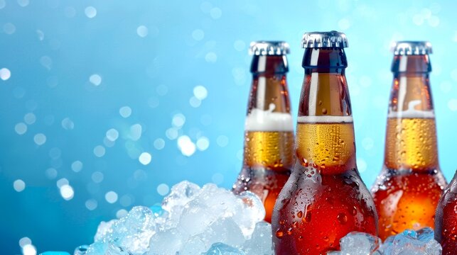 Chilled beer bottles in ice with a vibrant blue background. Perfect image for promoting summer events and parties. Ideal for advertising and marketing purposes in the beverage and party industry. AI