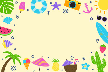 Fototapeta premium Colourful abstract summer background. Poster or banner with holiday elements. Vector illustration