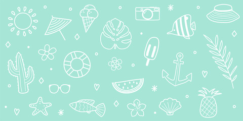 Set with hand drawn summer icons. Holiday elements concept. Vector illustration