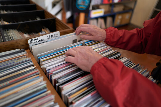 Crate Digging through Jazz vinyl in record store