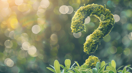 Green question mark made of moss in a natural blurred background setting
