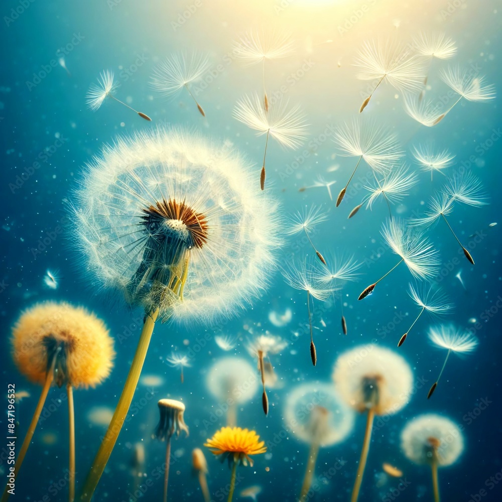 Sticker AI generated illustration of dandelions with seeds blowing in the wind