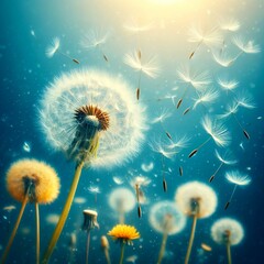 AI generated illustration of dandelions with seeds blowing in the wind