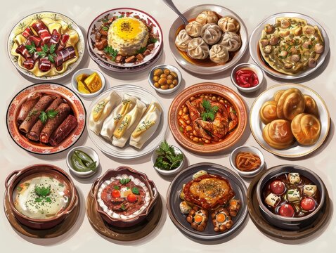 Assortment of Russian traditional dishes. Russian food