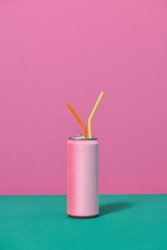 Cans of energy drink on color background. Space for text