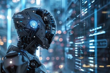 Fototapeta premium High-Tech Robot Analyzing Digital Data on Futuristic Interface