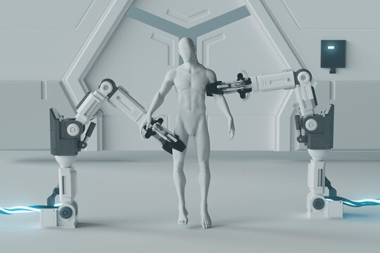 3D Render of Humanoid Figure with Robotic Arms and Blue Cables
