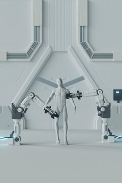  3D Render of Humanoid Figure with Interactive Robotic Arms
