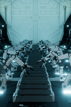 3D Render of Robotic Arms in a Spacecraft Assembly Bay